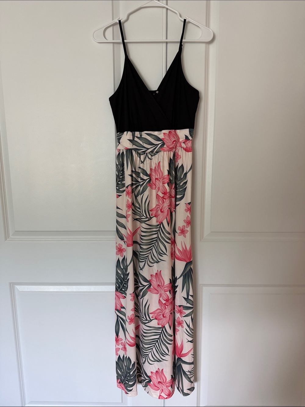 Spaghetti-Strap Floral Maxi Dress with Black Bodice